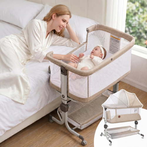 Minikid 3-in-1 Baby Bassinet Bedside Sleeper, 6 Height Adjustments, Full Mesh Breathable, Portable Newborn Baby Crib with Storage Basket,Oatmeal