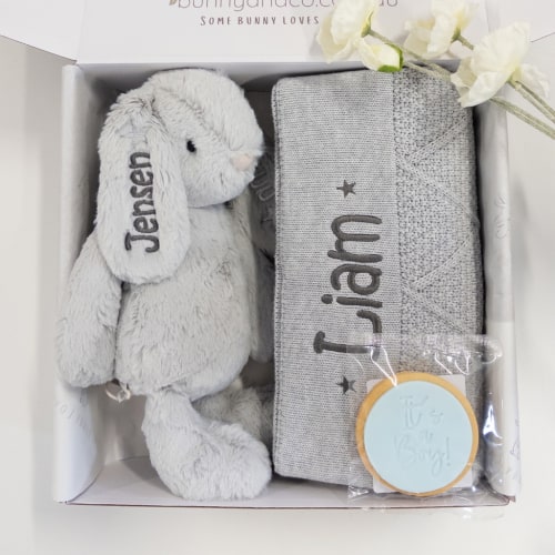 Personalised Bunny & Blanket Gift Hamper -Moonbeam Grey | Bunny & Co.