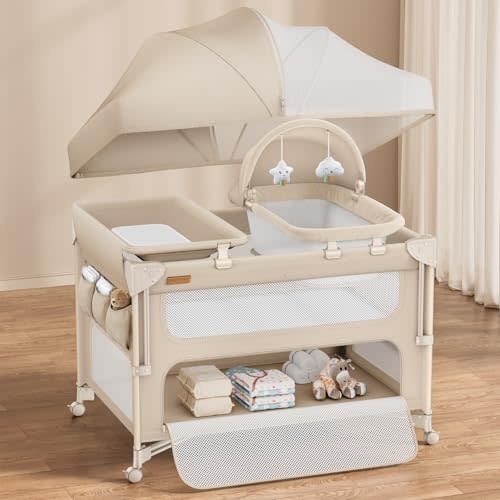 ANGELBLISS Baby Bassinet Bedside Crib, 5-in-1 One-Push Instant Fold Pack and Play with Changing Table, Napper Bassinet, Mattress & Mosquito Net, Portable Playard for Newborns to Toddlers (Khaki)