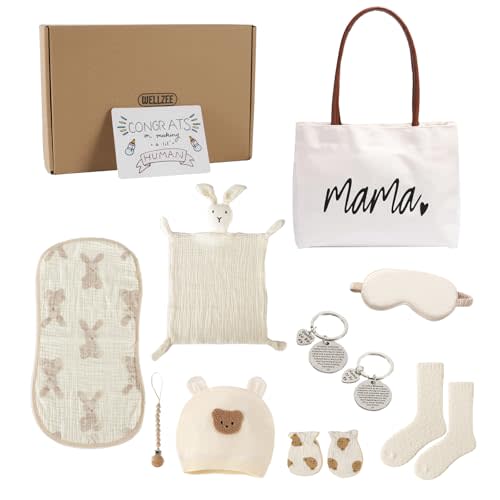 New Mom & Newborn Gift Set, Pregnancy Gift for New Parents, 10Pcs Care Package Gifts Box with Mama's Cancas Bag, Engraving Keychains for First Time Mom and Dad
