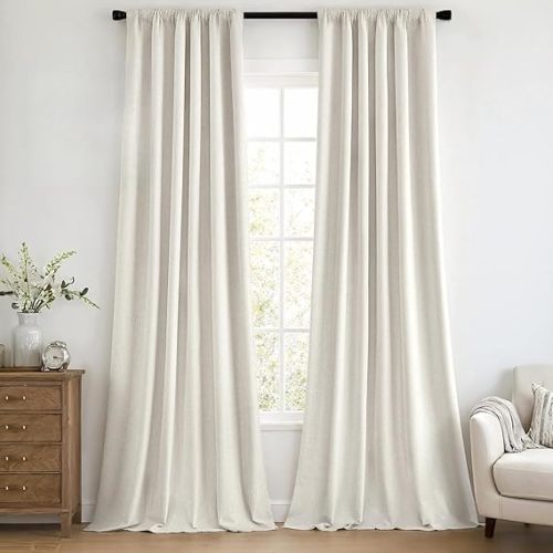MIULEE 100% Blackout Curtains 96 Inch Long 2 Panels Set for Bedroom, Cream Thick Faux Linen Black Out Curtain Room Darkening Pleated Floor to Ceiling Window Drapes with Hooks for Living Room, Birch