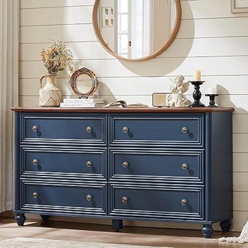 6 Drawers Dresser for Bedroom, Farmhouse 54" Wide Wood Dressers Chest of Drawers, Vintage Design TV Stand, Rustic Storage Dresser Organizer with Metal Handle Closet for Living Room, Hallway