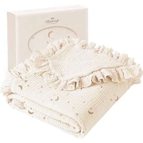 Konssy 100% Cotton Muslin Baby Blanket with Ruffle Trim for Girls, 43"x39"