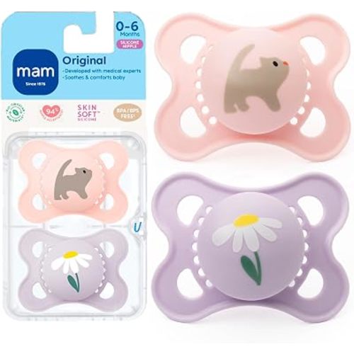 MAM Original Baby Pacifier 0-6 Mths, Skin Soft Silicone Nipple, 2 Pack