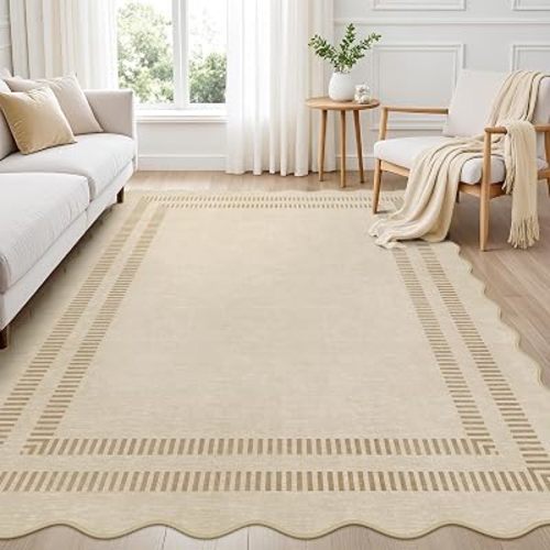 Washable Rug 5x7 Area Rugs for Living Room, Solid Khaki Rug Non Slip Scalloped Throw Mat with Rubber Back, Soft Low Pile Carpet for Dining Room Bedroom Dorm Nursery