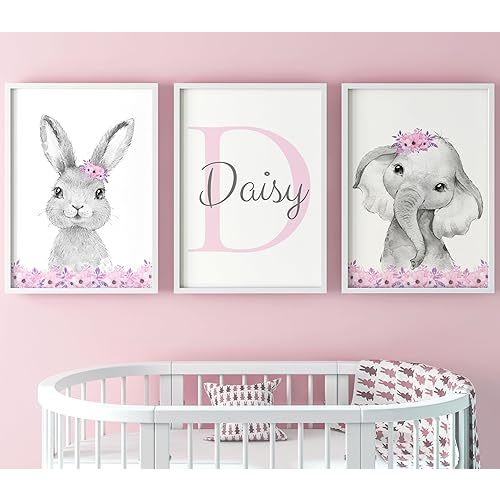 - Cute Floral Bunny and Elephant Set of 3 Unframed Poster Prints for Baby Girl Nursery Bedroom Playroom, Safari Theme Decor, Personalize Name in Pink or Purple (8x10)