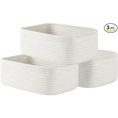 Small Woven Basket, 12 x 8 x 4.5 Inches, Storage Basket for Organizing, Cute Small Rope Shelf Closet Cube Storage Bins Baskets for Shelves, Dog Toy Gift Baskets Empty, 3 Packs, Off White