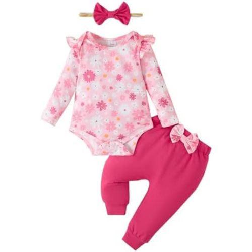 YALLET Baby Girl Clothes Newborn Infant Girl Outfits Floral Romper+Pants+Headband Fall Baby Layettes for Clothing 0-18 Months