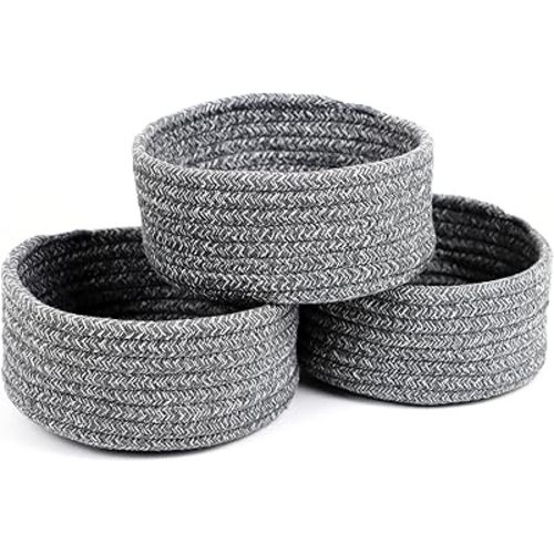 Small Basket, Set of 3 Small Woven Basket, Rope Baskets for Gifts, Cute Mini Tiny Baskets for Organizing Decor Nursery, Decorative Boho Round Storage Basket Bathroom Organization Bin (Grey)