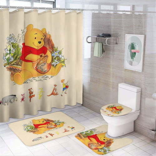 4 Pcs Winnie The Pooh Bathroom Set with Shower Curtain with Non-Slip Rugs, Toilet Lid Cover And Non-Slip U Shape Bath Mat, Bathroom Decoration with 12 Hooks 72 X 72 Inches