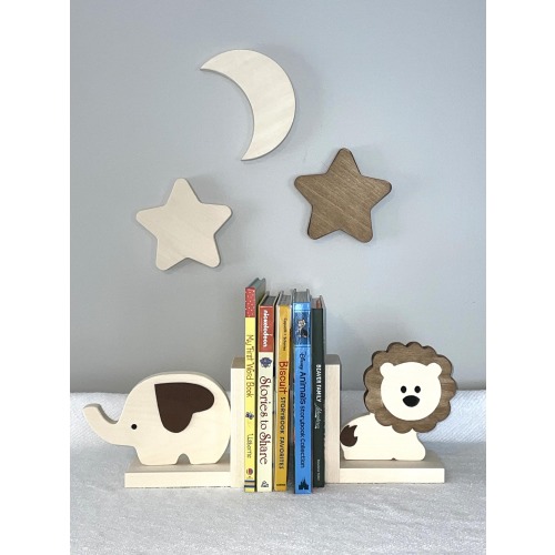 Bookends Safari Animals-Wooden Bookends-Wooden Decorations-Cute Safari Decor-Lion-Elephant-Nursery Decor