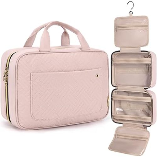 BAGSMART Toiletry Bag Travel Bag with Hanging Hook, Water-resistant Makeup Cosmetic Bag Travel Organizer for Accessories, Shampoo, Full-size Container, Toiletries (Light Pink, Medium)