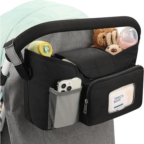 Accmor Universal Stroller Organizer with Insulated Cup Holder, Stroller Caddy Bag Accessories, Stroller Cup Holder Organizer for Uppababy Baby Jogger Britax Stroller, Black