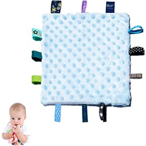 HECCEI Baby Tags Security Blankets - Baby Soothing Plush Blanket with Colorful Tags, Square Sensory Toys, 10 x 10 inches, for 3-12 Months Babies(Blue)