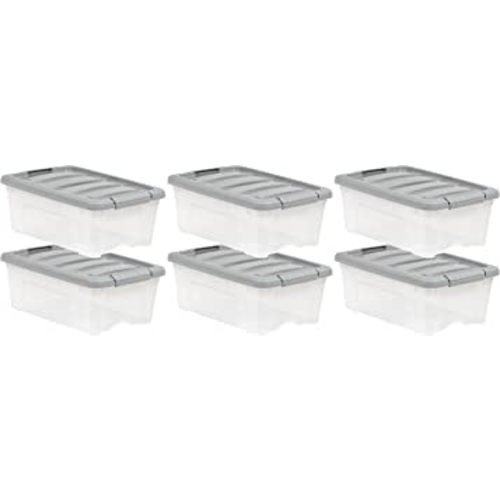 Amazon Basics Plastic Storage Containers with Secure Latching Lids, Stackable Organization Bins, Clear/Grey, 12 Quart, Set of 6