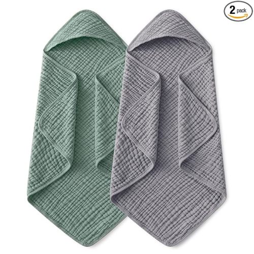 Yoofoss Hooded Baby Towels for Newborn 2 Pack 100% Muslin Organic Cotton Baby Bath Towel with Hood for Babies, Infant, Toddler and Kids,37.5"x37.5",Soft and Absorbent Newborn Essential,Grey&Dark Green