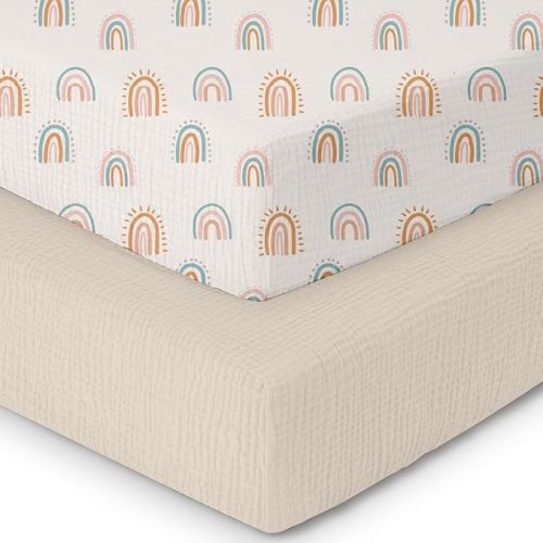 Muslin Crib Sheets–100% Organic Cotton Baby Sheets for Boys & Girls,2 Pack Muslin Mini Crib Sheets for Toddler Mattress,Breathable Crib Mattress Sheets 28''x52''(Rainbow)