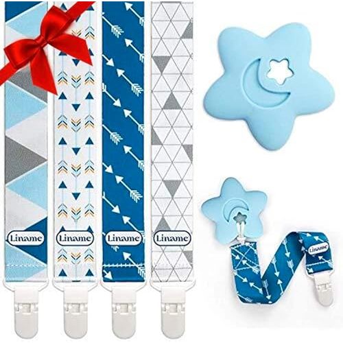 Liname Neutral Pacifier Clip with Teething Toy - 4 Pack Pacifier Clips for Boys & Girls - Binky Holder Soothie Paci Clip Binkie Clip - Unisex Pacifer Clip Baby Pacifier Clip and Pacifier Holder