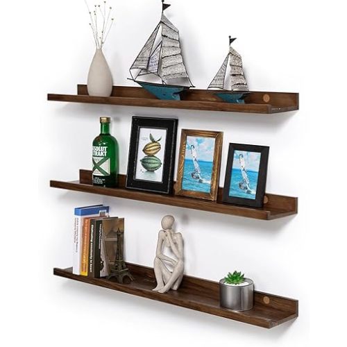 AZSKY Wood Floating Shelf with Lip Wall Hanging Shelves for Books on Wall Kids 36 Inch Gallery Wall Photo Rail Light Walnut Picture Ledge Shelf Photo Frame Shelves Set of 3