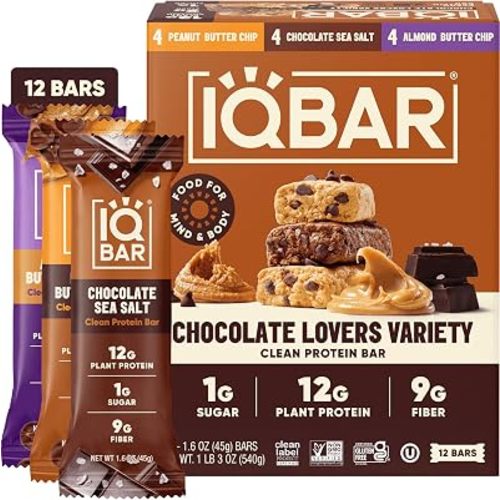 IQBAR Clean High Protein Bars, Low Sugar Snack, Chocolate Variety 12ct