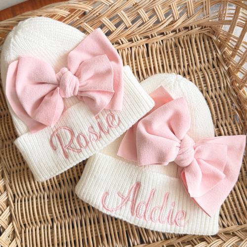 Personalized Newborn Name Beanie with Bow, Custom Girl Hospital Beanie, Embroidered Name, Coming Home Outfit Gift