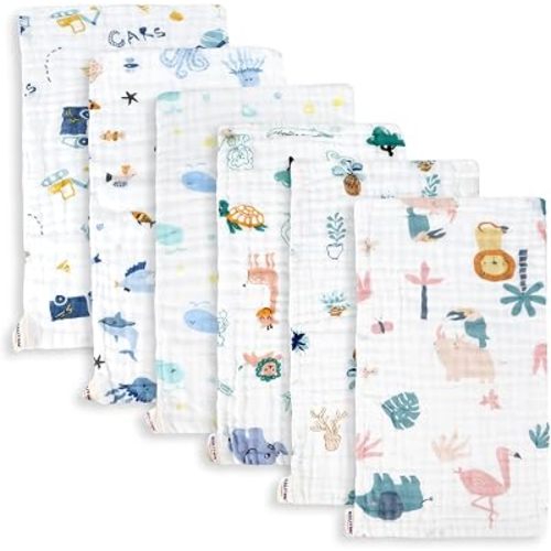Maliton Muslin Baby Burp Cloths 6 Pack Large 20''x10'' 100% Cotton Burp Rags Absorbent and Soft 6 Layers Muslin Cloth Baby Essentials for Newborn(Zoo Pattern, Pack of 6)