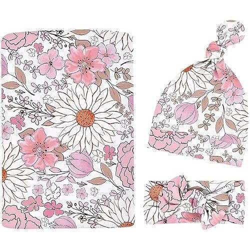 Newborn Swaddle Set with Matching Headband Hat and Bow Set Floral Baby Girl Receiving Blanket Nursery Wildflower Baby Blanket