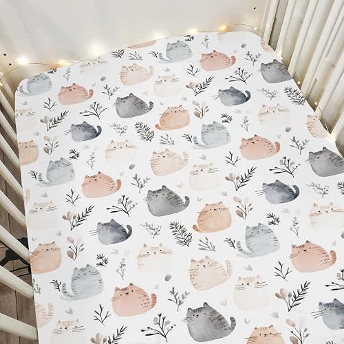 Cute Cats Boho Leaves Baby Crib Sheets for Boy Girl 28"x52" Watercolor Cats Leaves Soft Stretchy Fitted Crib Mattress Cover Cats Lovers Gift Baby Sheet Fits Unisex Standard Bed and Toddler Mattress