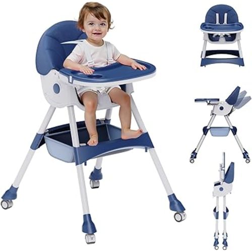 High Chairs for Babies and Toddlers, 4 in 1 Convertible Baby High Chair, Portable High Chair for Travel with Adjustable Height and Back, Foldable HighChair with Wheels& Pu Cushion (Grey)