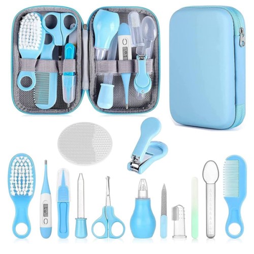 Baby Grooming Kit, Infant Safety Care Set with Hair Brush Comb Nail Clipper Nasal Aspirator,Baby Essentials Kit for Newborn Girls Boys (Blue)