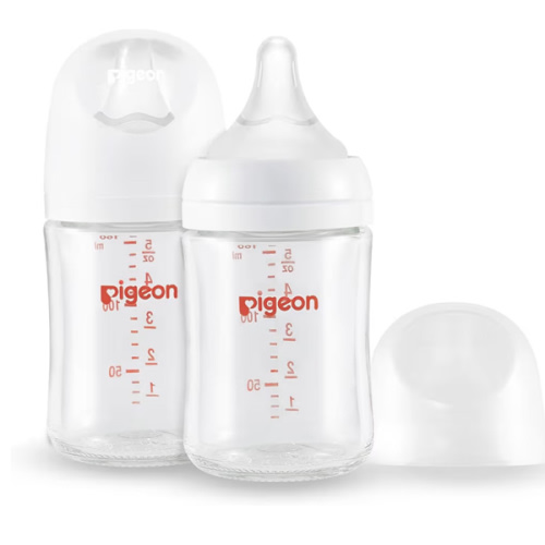 Pigeon Glass Nursing Bottle Wide Neck, Anti-Colic, Streamlined Body, Natural Feel, Easy to Clean, Heat-Resistant, 5.4 Oz (Pack of 2), Includes 2pcs SS Nipples (0m+)