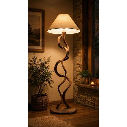 Rustic Driftwood Floor Lamp, Twisted Branch Standing Lamp with Linen Shade, Natural Wood Reading Light, Cabin Living Room Decor