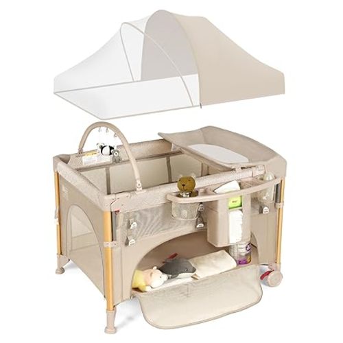 Baby Bassinet 5 in 1 Pack and Play,Baby Crib Portable,Beside Sleeper,Beige
