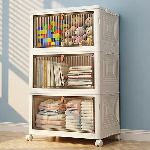 LDQ Storage Bins with Lids, 3 Tier 69QT Stackable Storage Cabinet, Foldable Closet Organizer with Doors & Wheels, Plastic Storage Drawers for Bedroom, Living Room, Bathroom