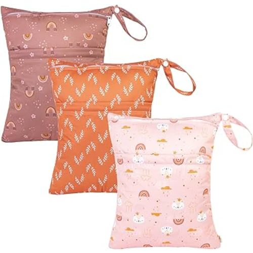 babygoal Wet Dry Bags for Baby Cloth Diapers, Washable Travel Bags, Beach, Pool, Gym Bag for Swimsuits & Wet Clothes with Two Zippered Pockets 3 Pack, 3LN15