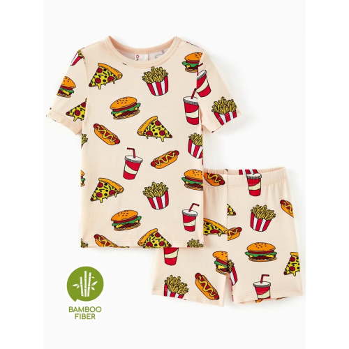 PatPat Pajamas Sets Viscose from Bamboo Toddler Girls Snug Fit Pjs Kids Short Sleeve Graphic Top & Pants Breathable Sleepwear, Apricot, 2T