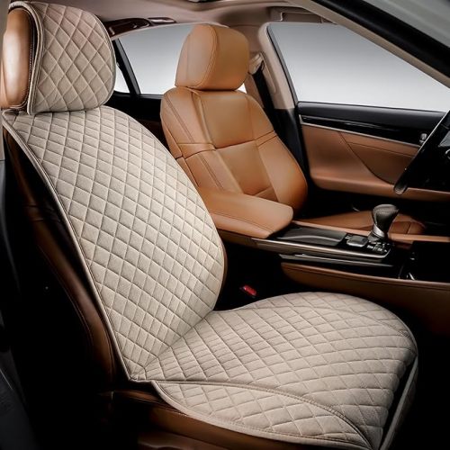 Faux Linen Front Car Seat Cover – Non-Slip Bucket Seat Protector for Most Cars, SUVs, Vans & Trucks – 1 Seat Cover, Machine Washable, Side-Airbag Friendly, Light Beige