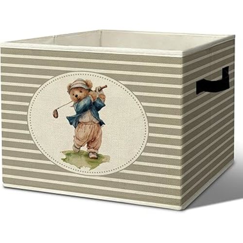 Rustic Bear Golf Storage Bins & Boxes with Handles, Toys Books Clothes Kids, Grey Striped Nursery Foldable Basket for Organizing Bedroom Kids Toddler Room Playroom