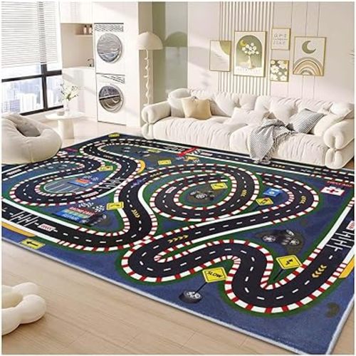 Kids Rug,Children's Room Rug,Road Race Play Rugs, Rail City Living Rugs, Washable Non-Slip Play Mats. (Dark Blue, 31x47in)