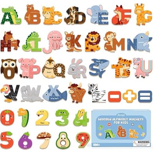 Joyreal Magnetic Letters for Toddlers, 65PCS Wooden Animal Alphabet & Number Fridge Magnets, ABC Magnets with Storage Box, Montessori Spelling & Reading Learning Toy, Educational Gift for Ages 2-5