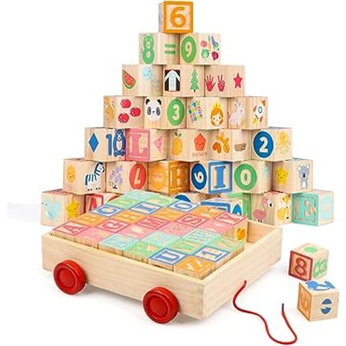 Joqutoys Wooden Building Blocks for Toddlers 1-3, Large Wood Baby Stacking Blocks Set for Kids, 30 PCS Alphabet Blocks with Toy Wagon, Educational Wooden Toys for Boys Girls Gifts 1.65"