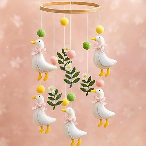 Vicenpal Silly Goose Baby Mobile for Crib Pink Nursery Decor Silly Goose Baby Stuff Felt Nursery Mobile for Girl Crib Neutral Wooden Handmade Hanging Decor