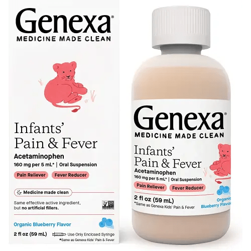 Genexa Infants’ Acetaminophen Oral Suspension | for Babies | Temporarily Relieves Pain and Fever Symptoms | 160 mg per 5 mL | Organic Blueberry Flavor | 2 Fluid Ounces