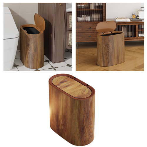 Walnut Brown Wood Grain Bathroom Garbage Can with Swing Top Lid, Can with Lid,Rotating Design, Detachable Inner Bin, Minimalist Diaper Can, Dustbin for Office (Oval)