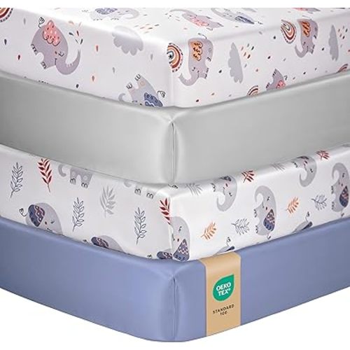 Baby Crib Sheets for Boys Girls, Toddler Bed Sheets Fitted for 52x28 Inch Standard Crib Mattress for Neutral, Set of 4 Super Soft Breathable Microfiber, Elephant, Rainbow, Grey & Dusty Blue