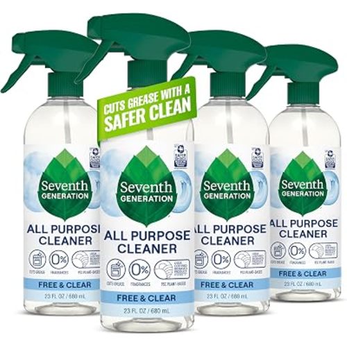 Seventh Generation All Purpose Cleaner, Free & Clear, 23 oz, Pack of 4, Plant-Based Cleaning Spray, Cuts Grease & Grime, No Fragrance or VOCs, Safe for Kids & Pets, Works on Glass, Sealed Wood & More
