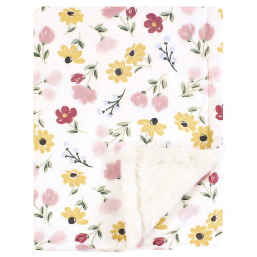 Hudson Baby Infant Girl Plush Blanket with Furry Binding and Back, Soft Painted Floral, One Size