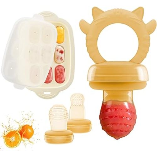 Baby Food Fruit Feeder & Freezer Tray, Breastmilk Popsicle Molds for Teething Relief, Auto-Push Food Feeder Pacifier for Self Feeding, BPA Free, Freezable Teether Toy for 3-12 Months