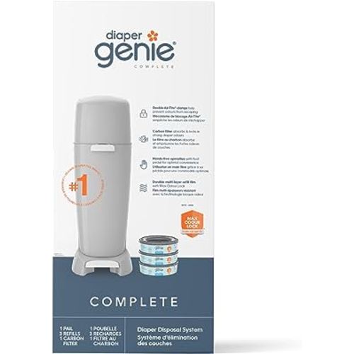 Diaper Genie Complete Diaper Pail (Grey) with Odor Control | Includes 1 Diaper Trash Can, 3 Refill Bags, 1 Carbon Filter, 4 Piece Set