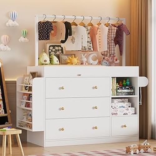 Modern Changing Table Dresser,Baby Dressing Table with 4 Drawers and Storage Shelves,Multi-Functional Baby Changing Table with Drying Rack for Nursery, White